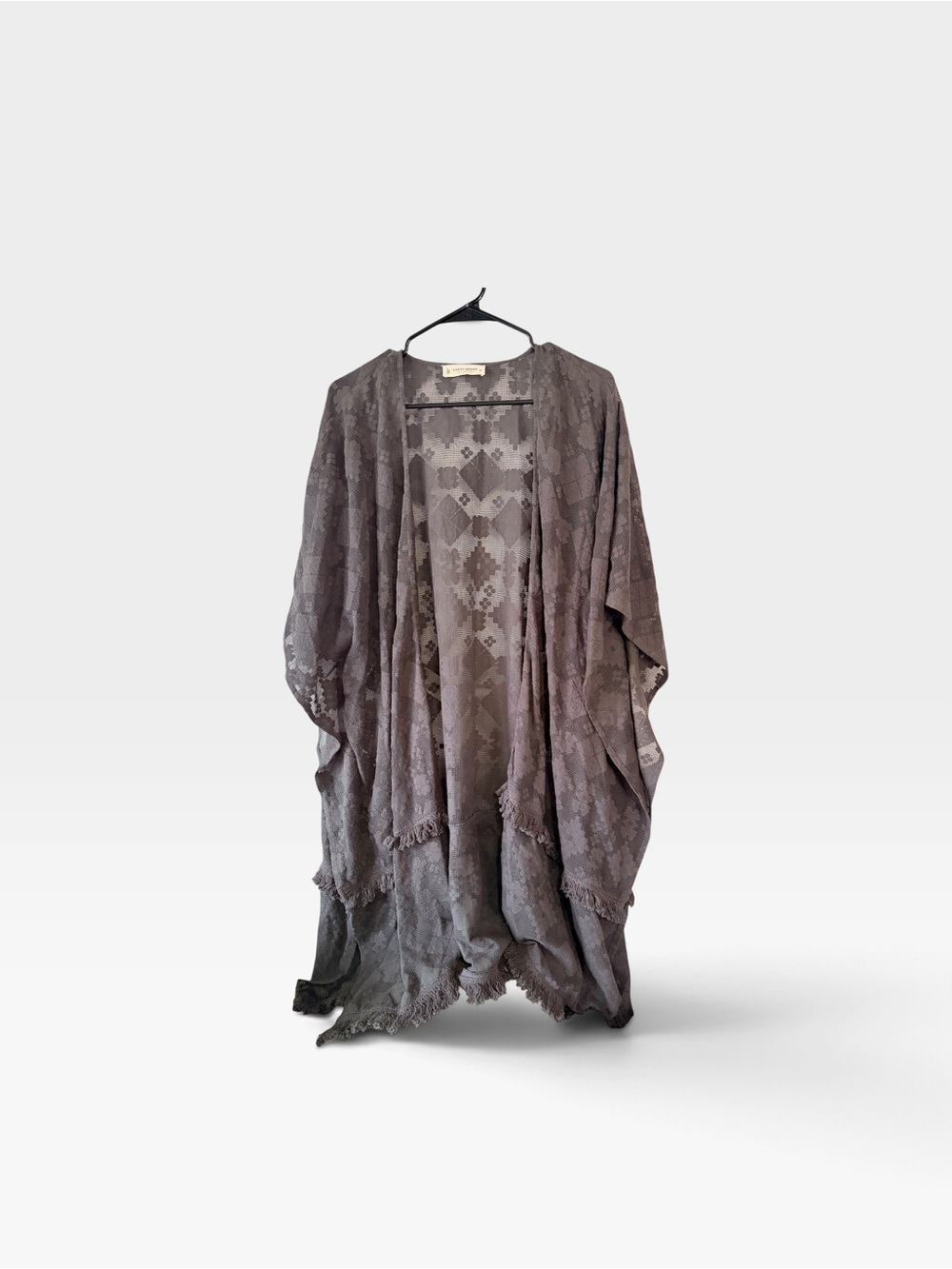 Lucky Brand Charcoal Gray Lace Medallion Fringe Kimono Cardigan